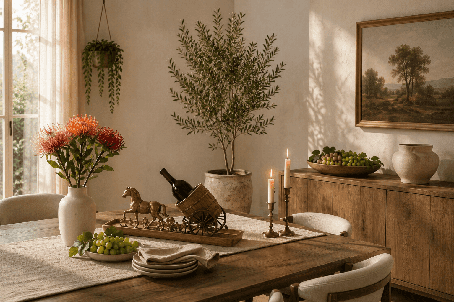 Luxury home interior with decorative pieces - candles, florals, and artisan vessels